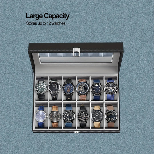 12 Slot Gray Watch Storage Box, Transparent Watch Box, PU Leather Wrapped, Ideal Choice for Gifts