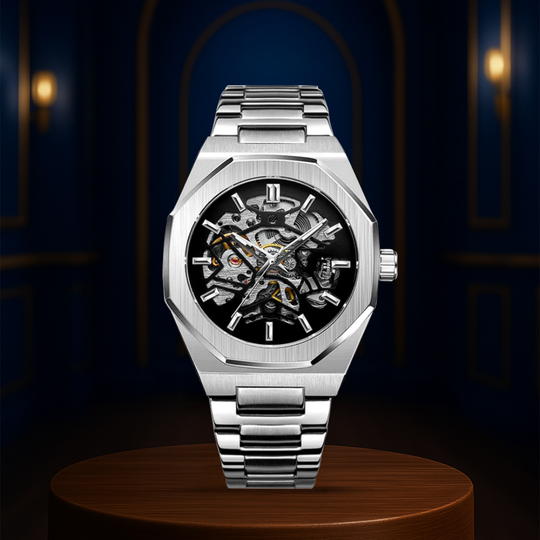 Luca | Intricate Skeleton Movement Bold Brushed Steel Watch