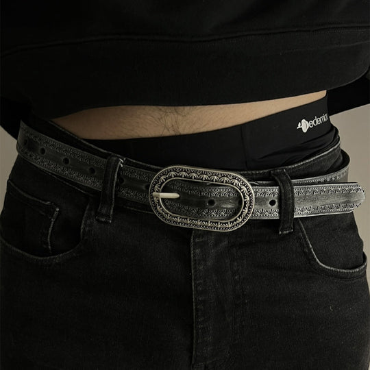 Men's Vintage Distressed Engraved Embossed Genuine Leather Belt 44748904U