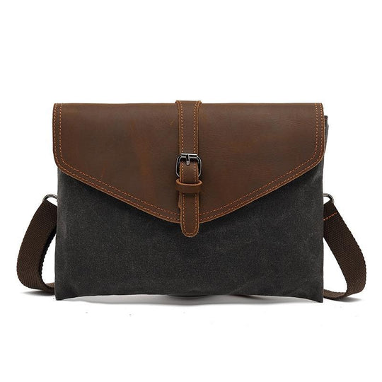 VINTAGE FLAP LEATHER CANVAS PANEL CLUTCH BAG